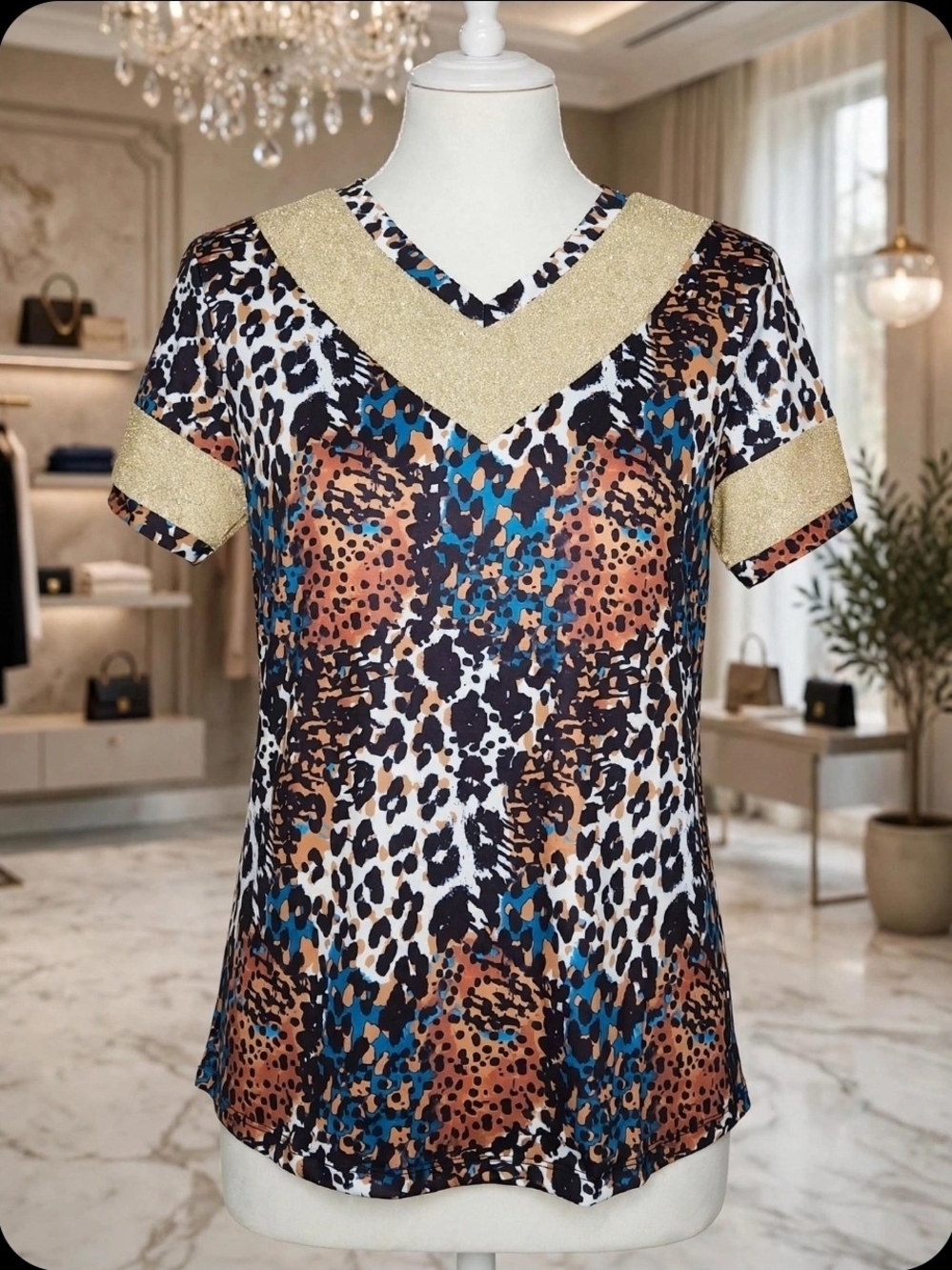 Leopard Print V-Neck Top With Glitter Trim Small NWT Sunshine & Rodeos